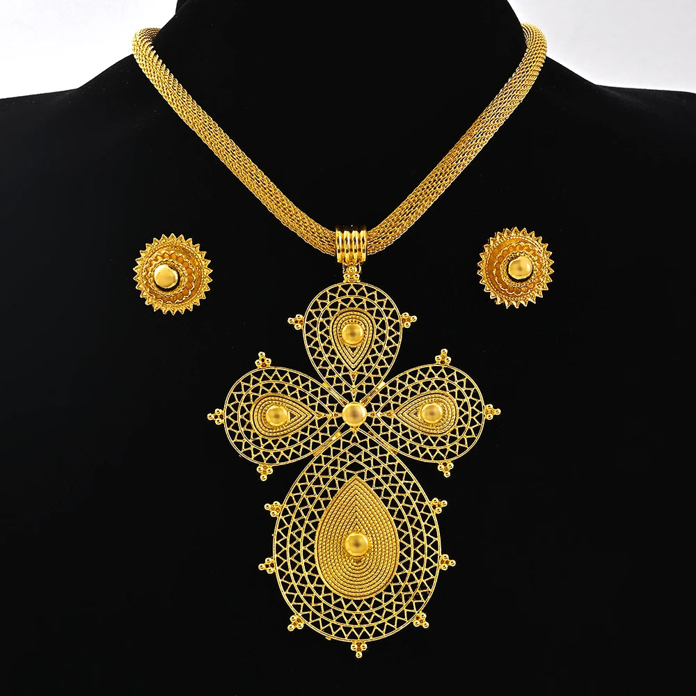 Saudi Arabia 24K Gold Color Ethiopia Women Jewelry Necklace Earring African Arab Bridal Set Habesha Eritrea Party Gift