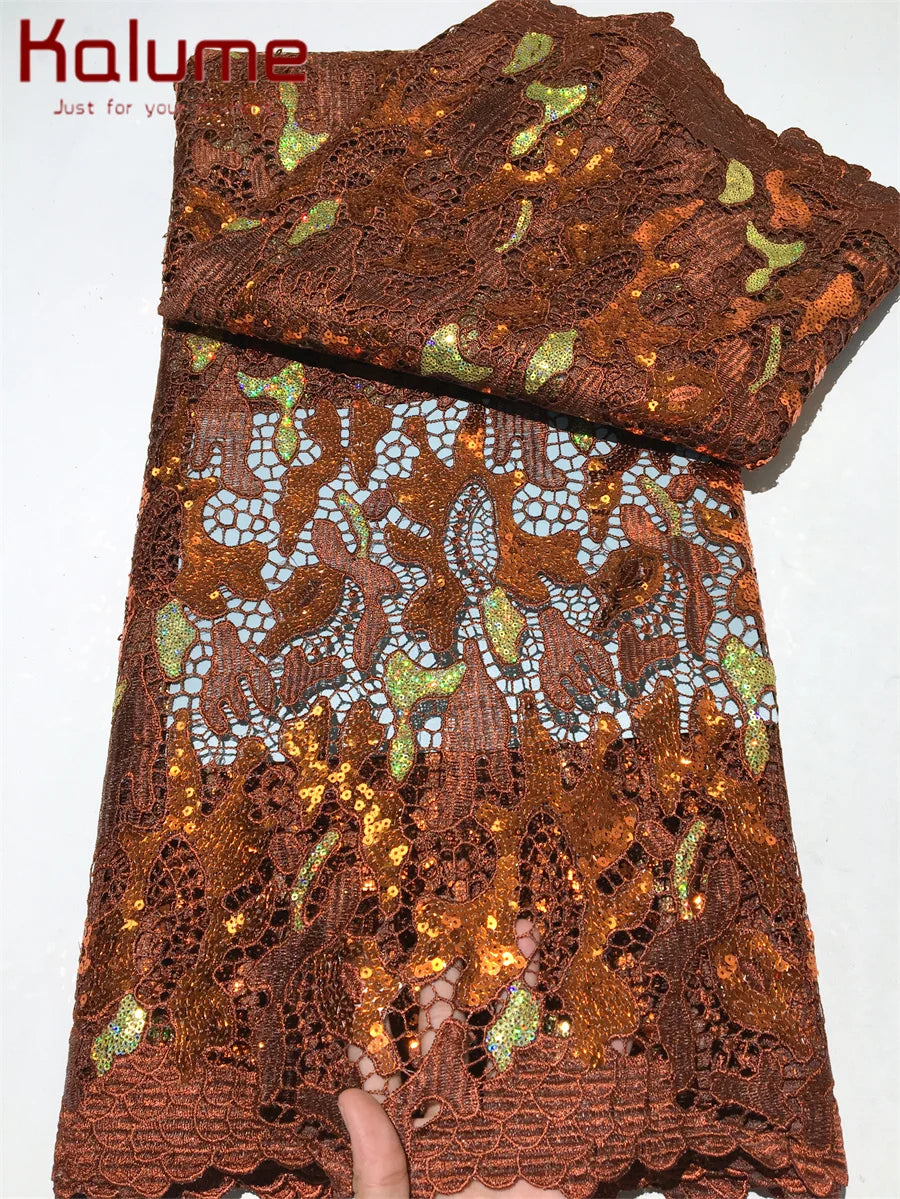 Kalume African Sequins Lace Fabric 2025 High Quality Material Nigerian Guipure Cord Lace Fabric for Party Dress Sewing F4058