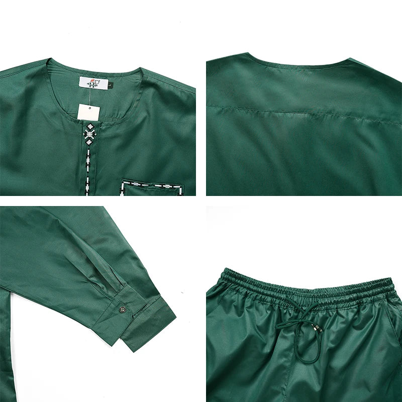 H&D 2025 African Nigerian Fashion Men Green Traditional Outfits Muslim Thobe Suit Complete Print 2 PCS Clothing Ramadan Sets