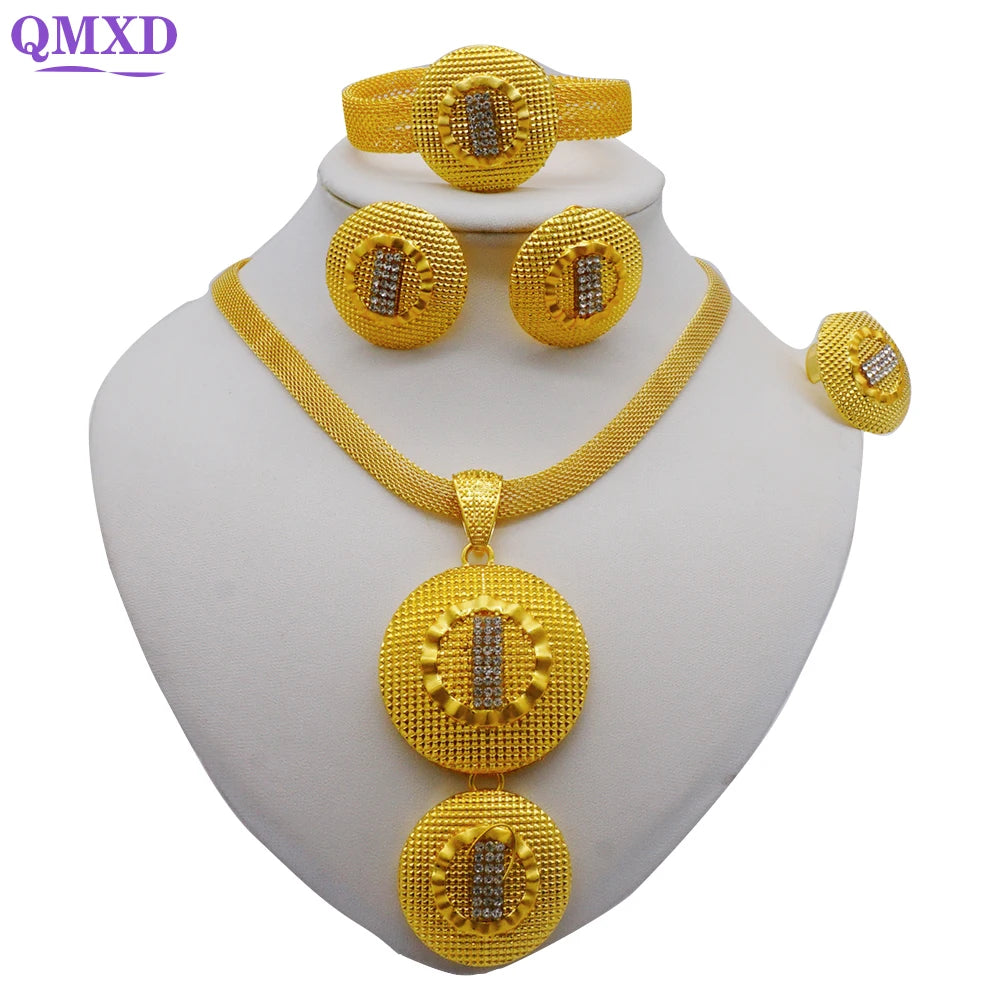 Trendy Nigerian Dubai Gold Color Jewelry Set For Women Tassel Long Chain Bridal Long Necklace Bracelet Earring Ring Wedding Sets