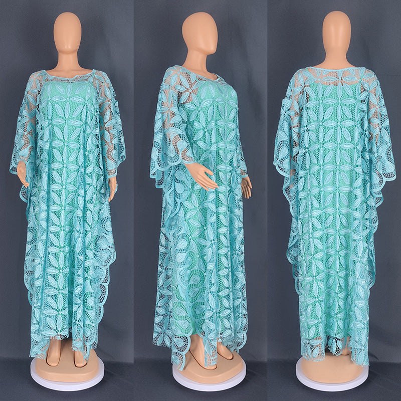 Summer Elegant African Women O-neck Pink Yellow Blue Plus Size Long Dress Lace African Robes Abaya African Dresses for Women