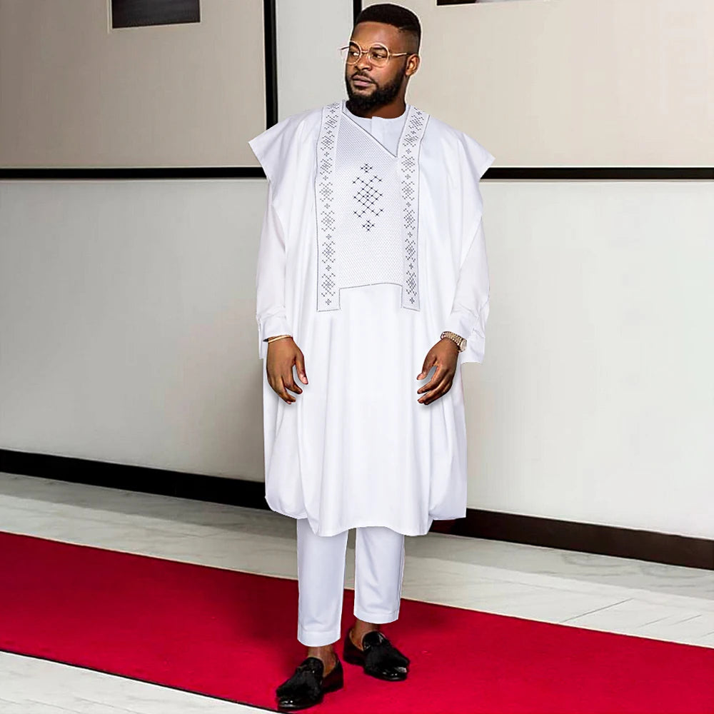 H&D African Clothes for Men White Tradition Wedding Party Clothing Robe Embroidery Shirt Pants 3 Pcs Set Dashiki Agbada Ramadan