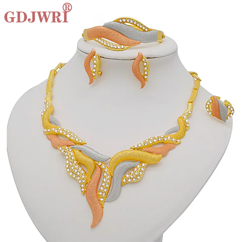 Nigeria Dubai Gold Color Fine Flowers Jewelry Sets African Wedding Gifts Party For Women Bracelet Necklace Earrings Ring Set