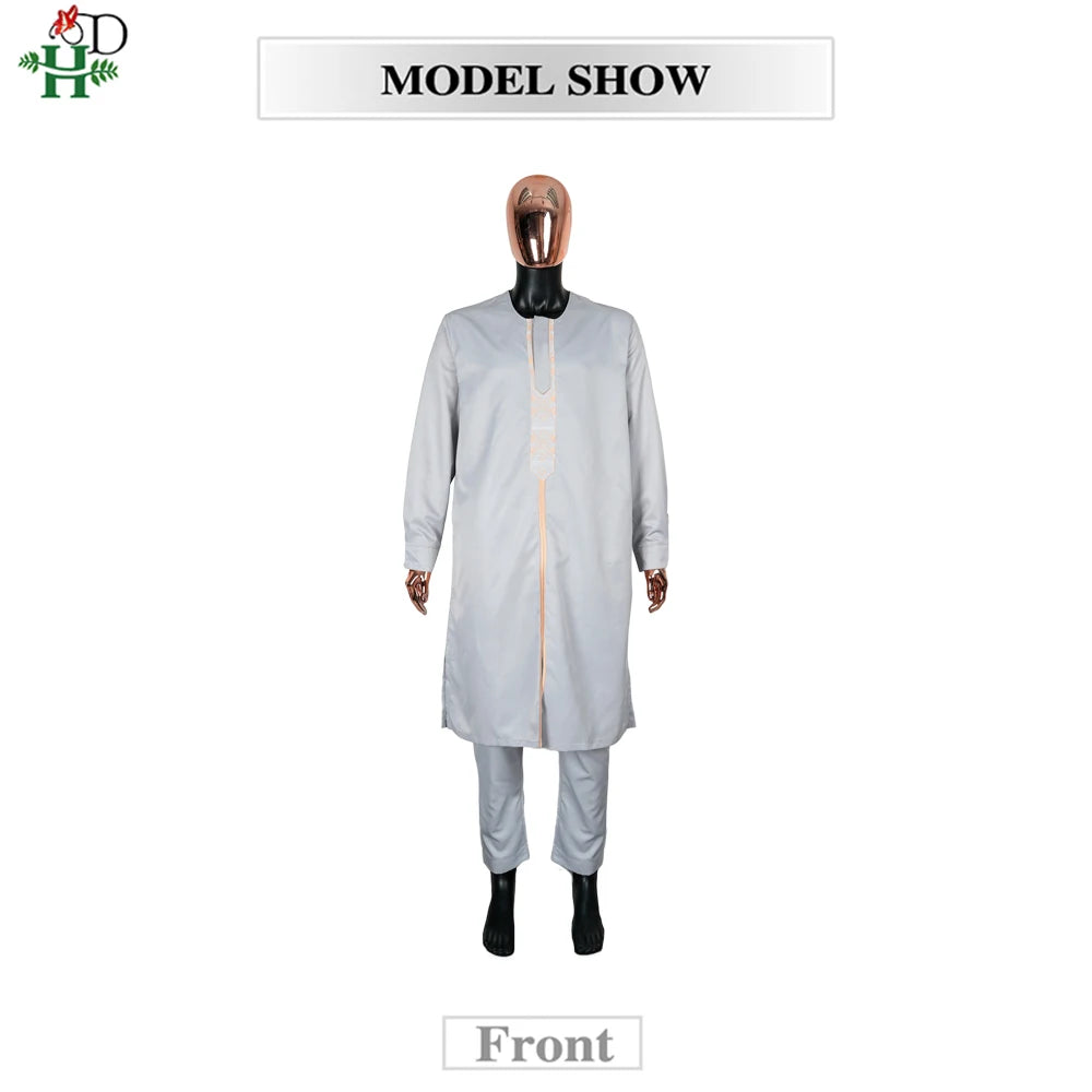 H&D African Agbada Robe Men 2 Pieces Set Embroidery Dashiki Shirt Africa Clothes Long Sleeve Cover Tops Pants Suit Robes Outfit