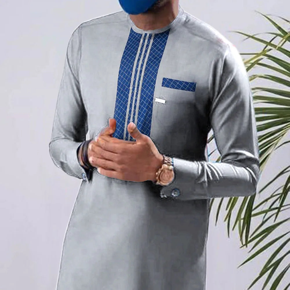 Top Men Muslim Shirt Long Sleeved Blouse Patchwork Round Collar Casual Morocco Dubai Arab Islam Summer Shirts Kaftan Hombre