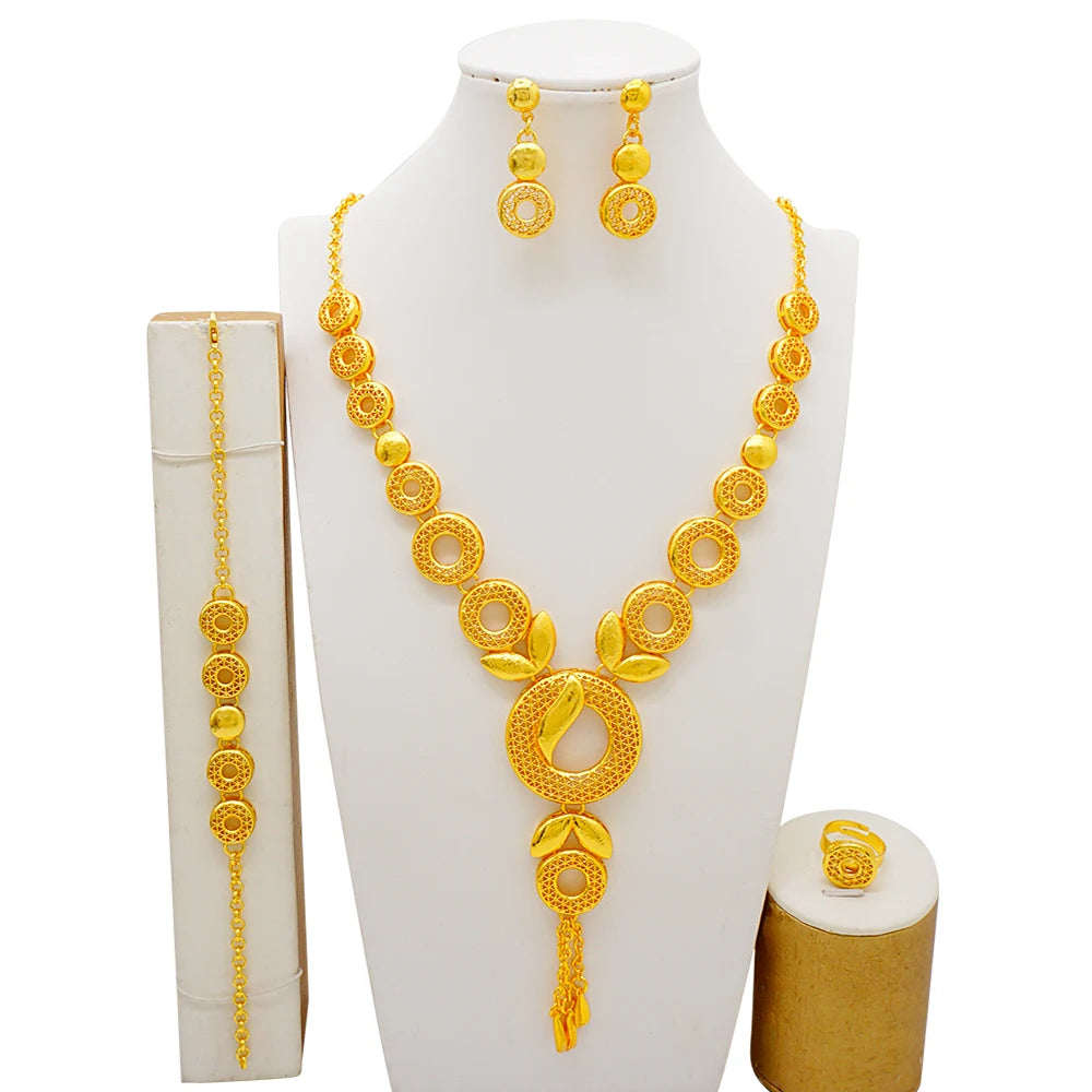 Arabic Women Gold Color Jewelry Sets Featured Round Pendant Earrings Rings Bracelets Suitable for Wedding Banquets Parties