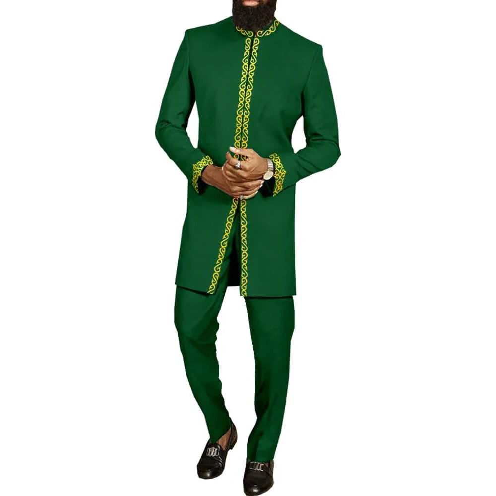 2026 Men's Elegant Long Sleeve Suit Shirt Pants 2-piece Round Neck Stitching Solid Color Party Long Sleeve African Ethnic Style