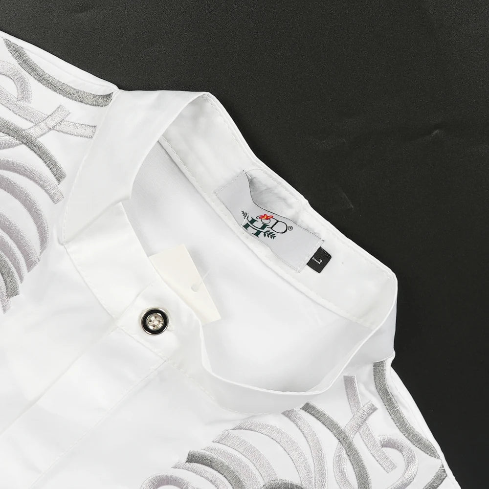 H&D African White Top And Pant 2 PCS Sets For Men Embroidery Work Wear Thobe Traditional Wedding Party Suits Plus Size Clothes