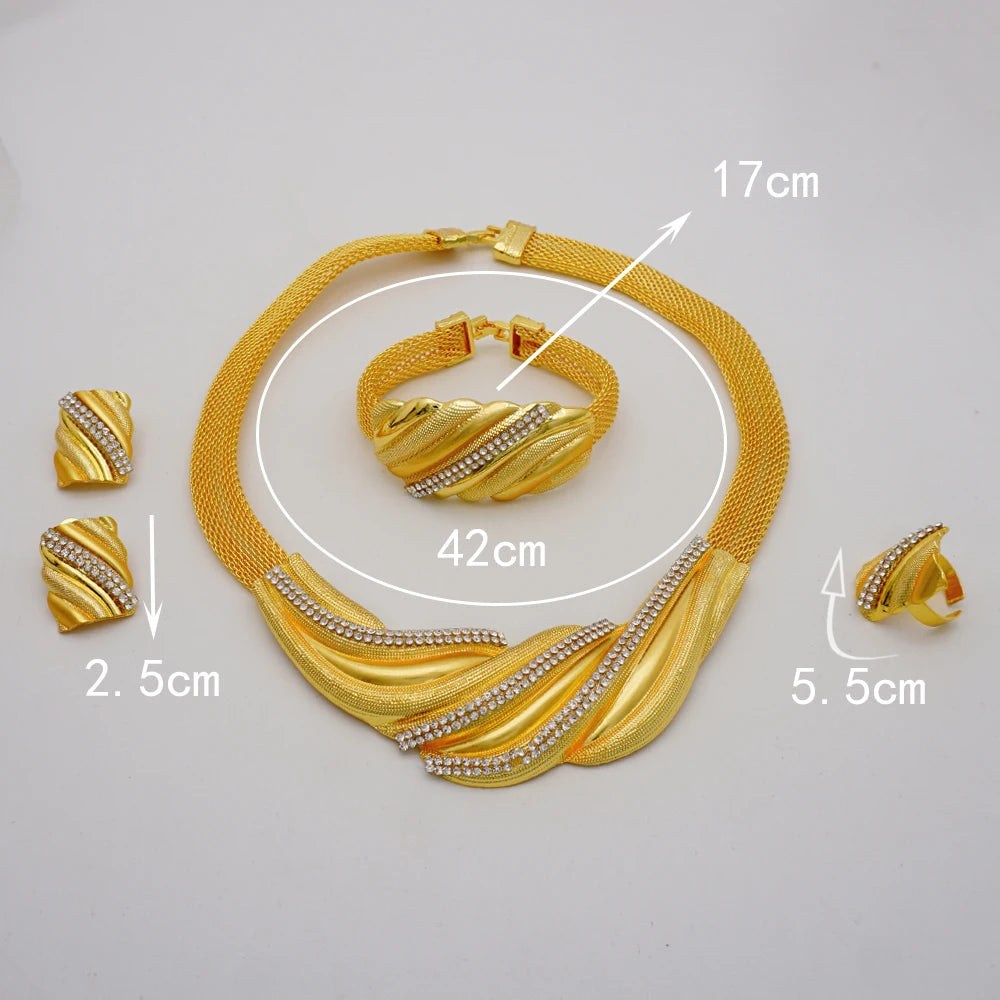 Nigeria Dubai Gold Color Fine Flowers Jewelry Sets African Wedding Gifts Party For Women Bracelet Necklace Earrings Ring Set