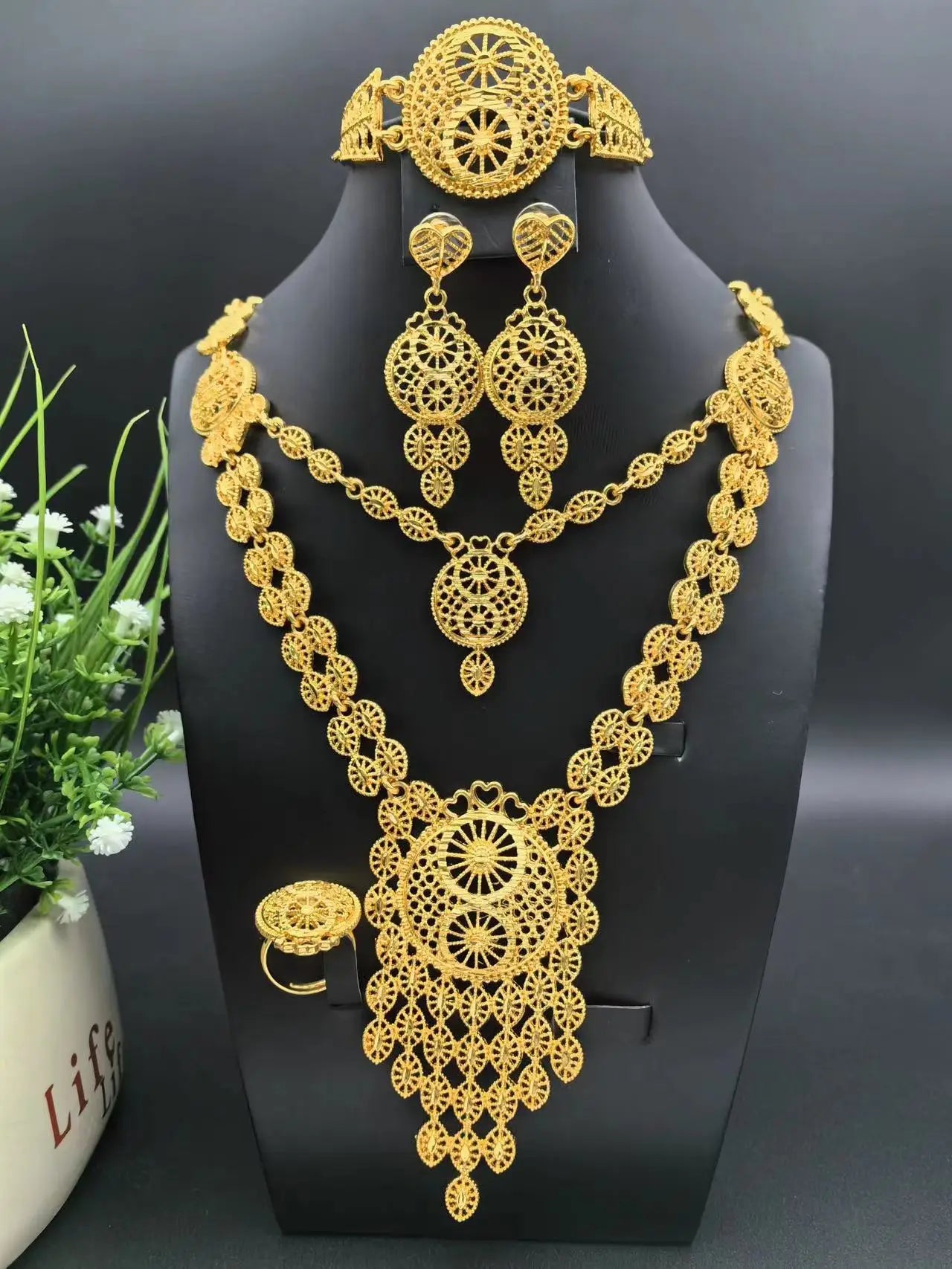 Women Ethiopian Gold Color Jewelry Set Bridal Dubai Wedding Brazilian Eritrean African Earring Necklaces Jewellery Set