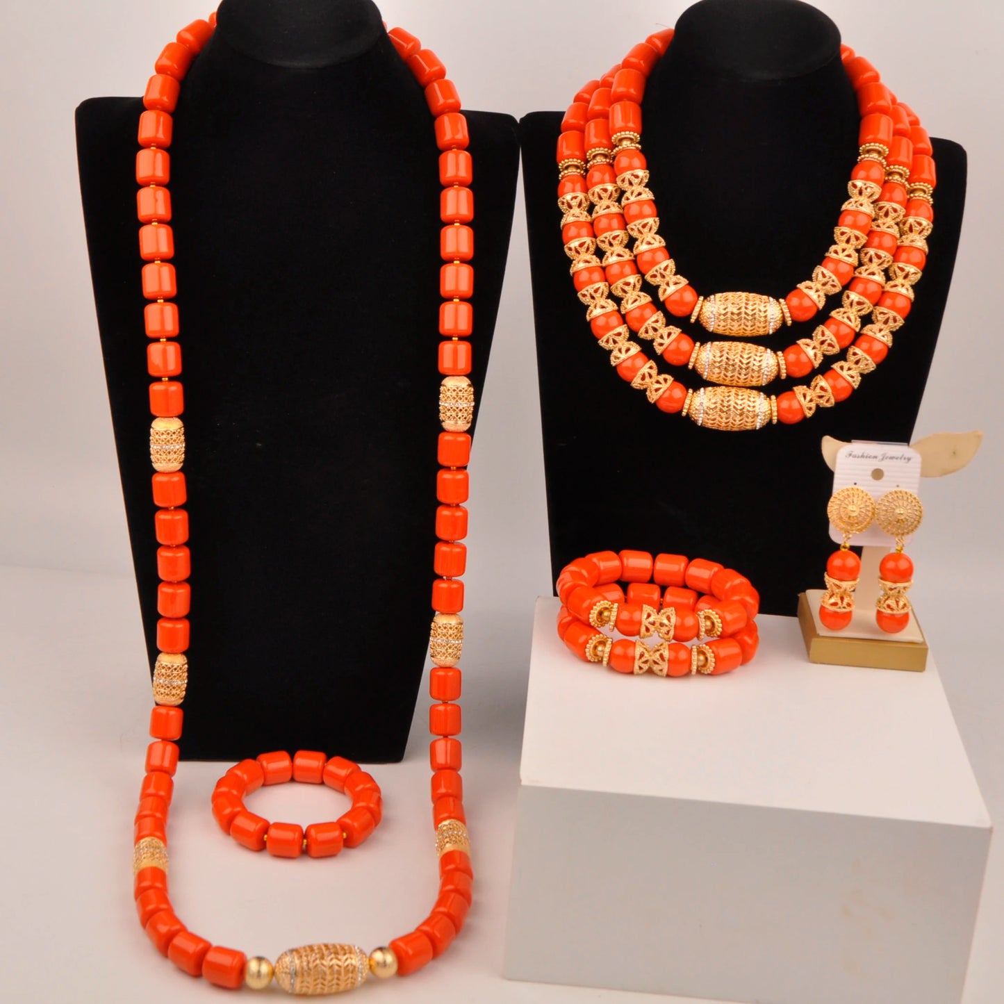 Orange Nigerian Artificial Coral Bead Necklace African Jewelry Sets