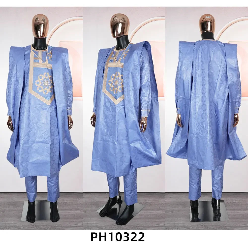 H&D African Traditional Muslim Ramadan Embroidery Wedding Party Thobe Bazin Riche Outfits 3PCS Robe Suit No Cap For Men Agbada