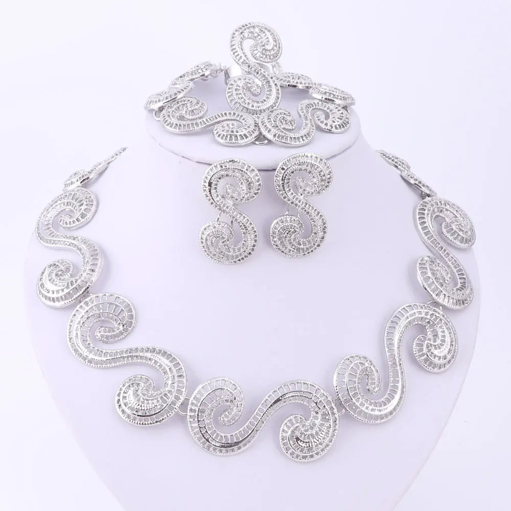 African Jewellery Sets Silver Color Hollow Out Necklace Bracelet Ring Earrings Sets Classic Bridal Jewelry Sets