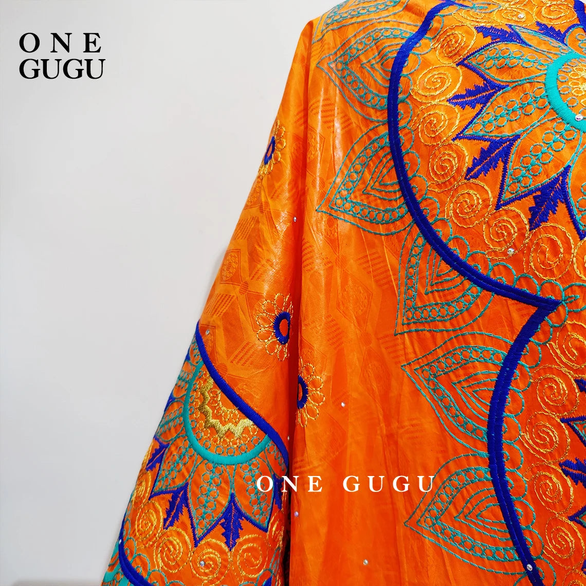 New Nigerian Original Bazin Dress Dashiki Brocade Embroiderey Basin Clothing 2022 Orange Mali Women Robe Wedding Party Dresses