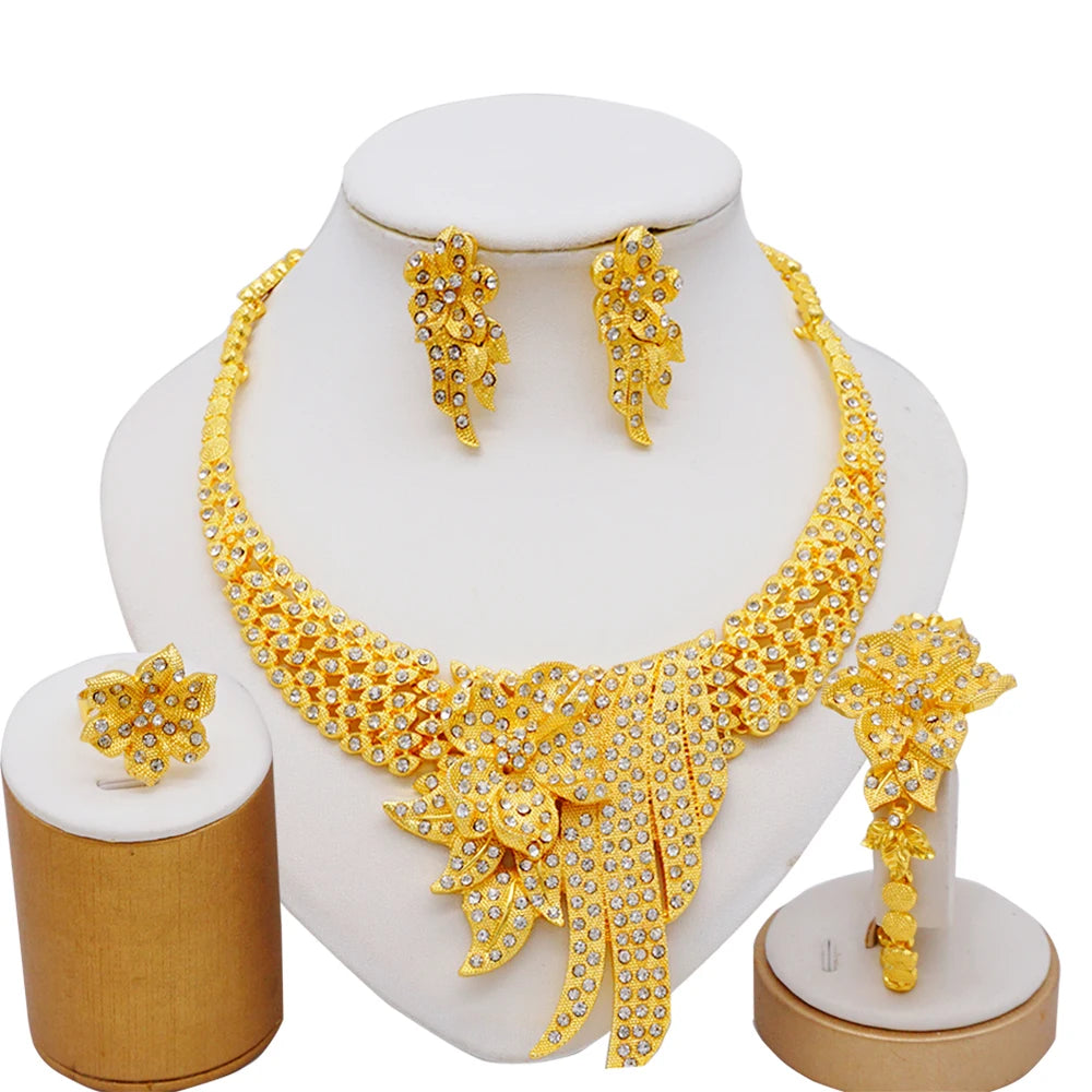 Nigeria Dubai Gold Color Fine Flowers Jewelry Sets African Wedding Gifts Party For Women Bracelet Necklace Earrings Ring Set