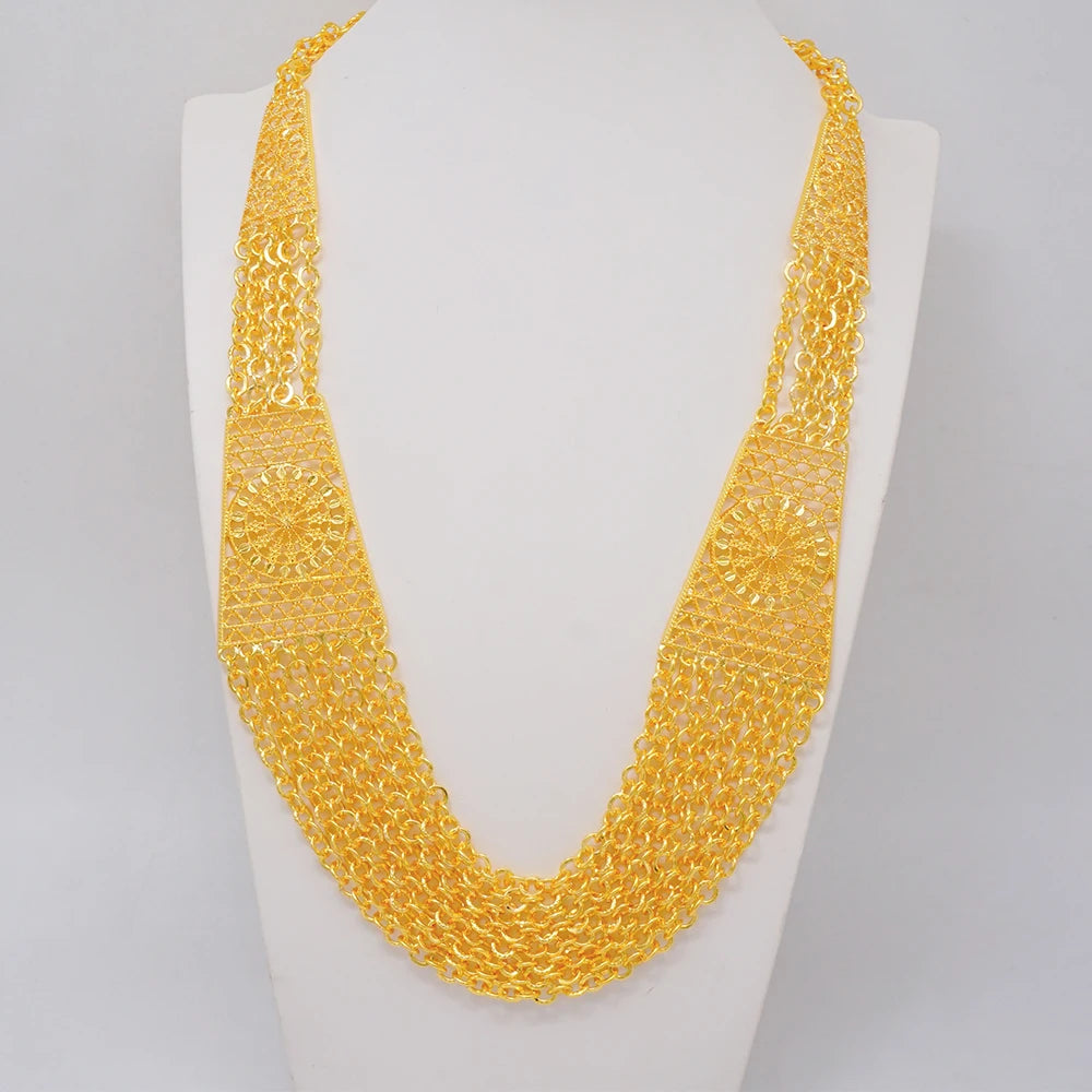 Dubai Jewelry Set Golden Color Drop Earring Cuff Bracelet Bangle Pendant Necklace Arab Wedding Gift