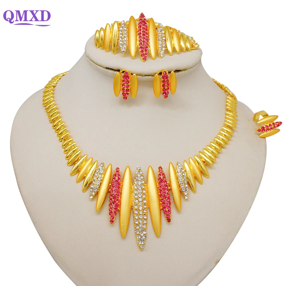 Trendy Nigerian Dubai Gold Color Jewelry Set For Women Tassel Long Chain Bridal Long Necklace Bracelet Earring Ring Wedding Sets