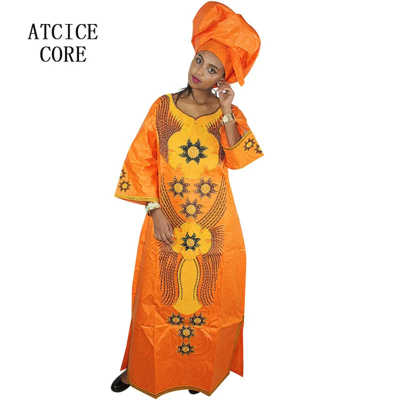 African Dresses For Woman Bazin Riche Embroidery Desing Long Dress With Scarf 2 Piece Set