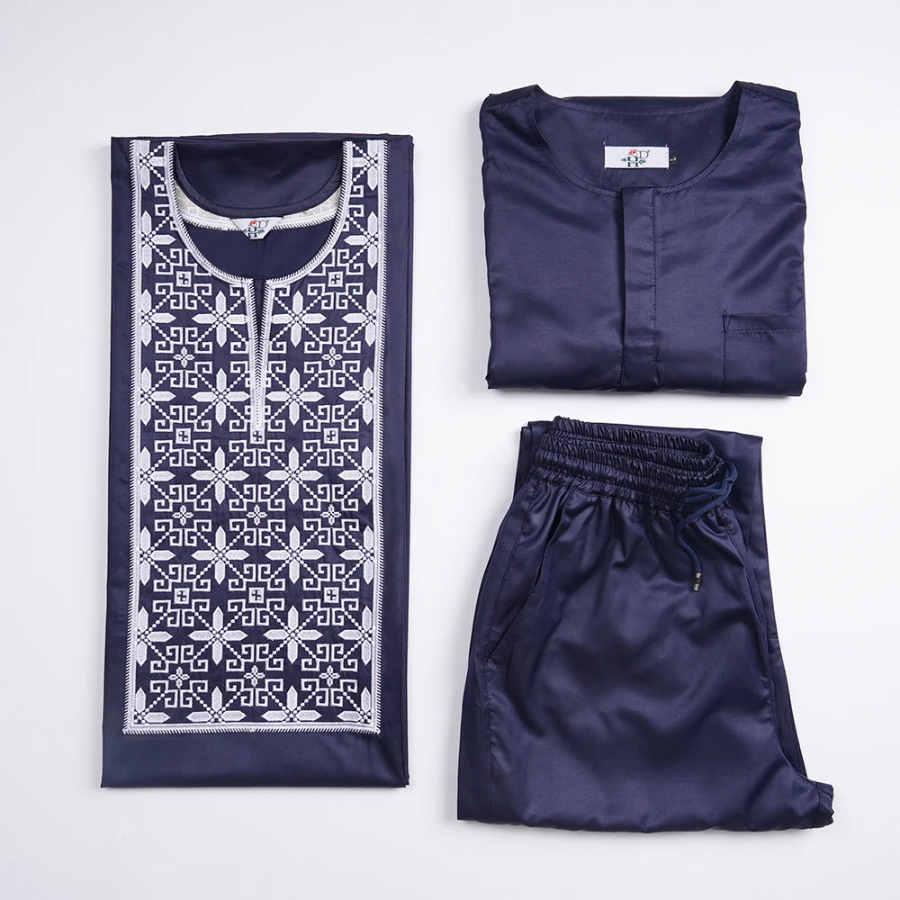 H&D African Suit For Men Robe Shirt Pants Set Long Sleeve Tops Embroidery Agbada Clothes Blue Africain Homme Traditional Robes