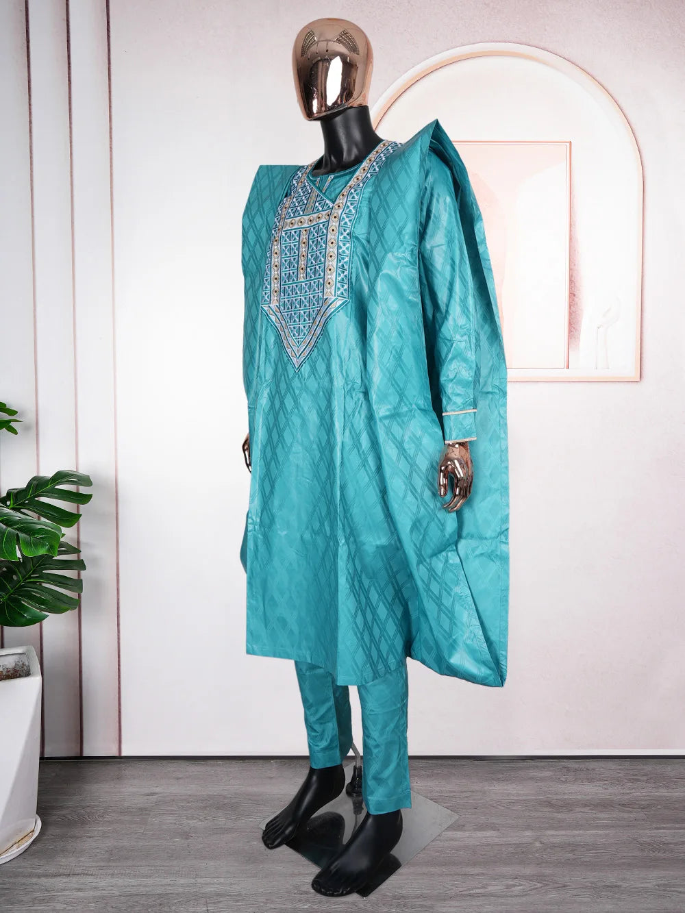 H&D South African Traditional Wear Formal Attire Bazin Riche Dashiki Green Shirt Pants Robe Suit Agbada Men's wedding party 2024