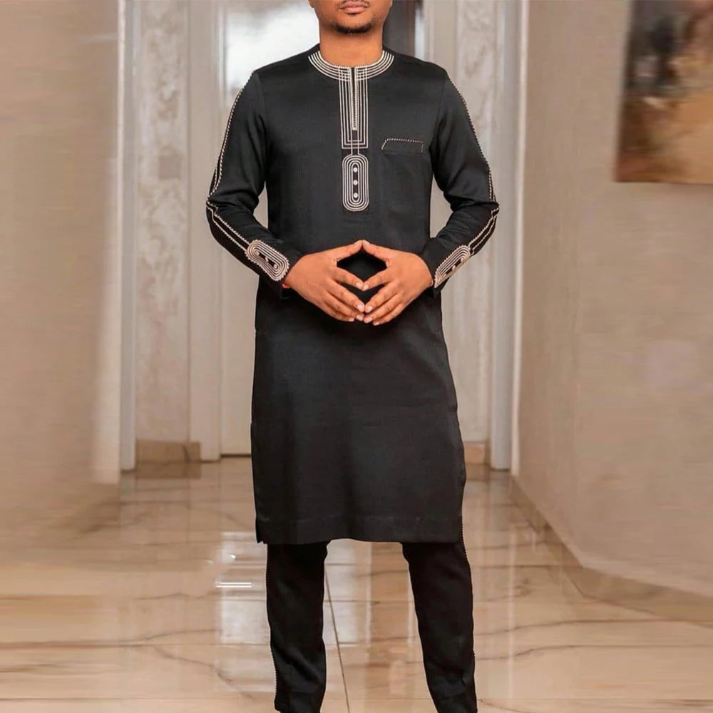 Kaftan Elegant Men's Suit Long Sleeve Ethnic Style Casual EmbroideryTop And Pants 2PCS Sets African Fashion Traditional Outfits