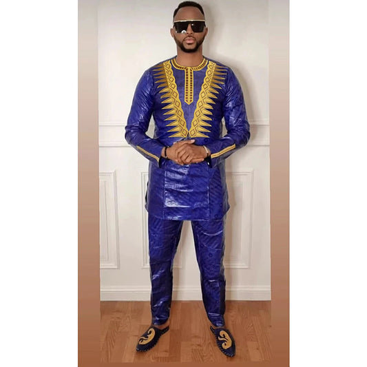 H&D New African Clothes for Men Tradition Clothing Embroidery Blue 2 Pcs Set Top Pant Bazin Muslim Wedding Party Dashiki