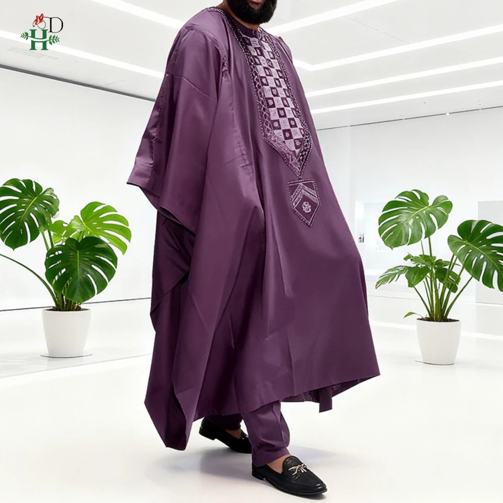 H&D African For Men Traditional 3PCS Outfit Thobe Set Purple Agbada Embroidered Robe Plus Size Wedding Christmas BouBou Ramadan