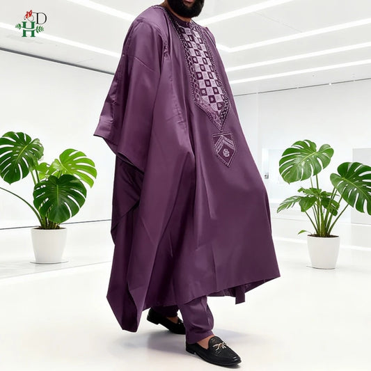 H&D African For Men Traditional 3PCS Outfit Thobe Set Purple Agbada Embroidered Robe Plus Size Wedding Christmas BouBou Ramadan