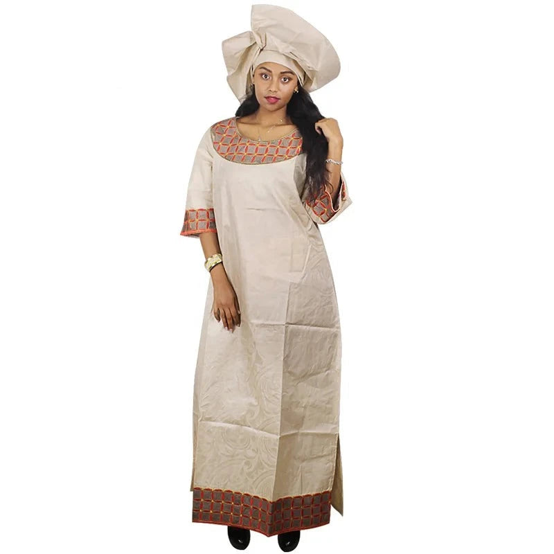 African Dashiki Dress For Woman Bazin Riche Embroidery Deisgn Long Dress With Scarf