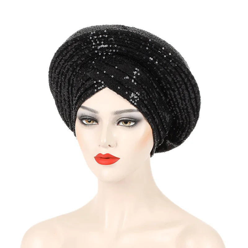 African Already Made Hat Auto Gele Women Hijab Headtie Nigeria Wedding Party Gele Female Head Wraps Headpiece Sequin Turban Caps