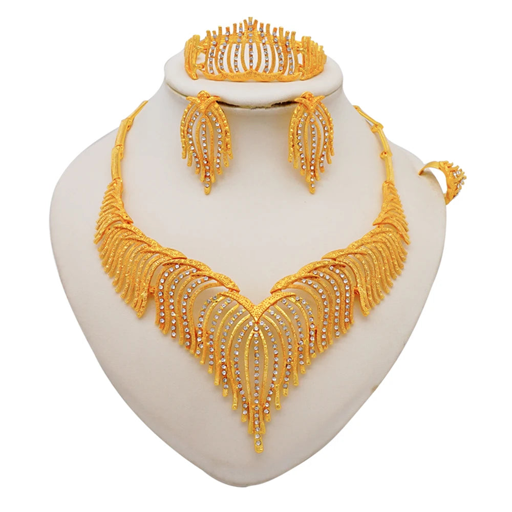 Necklace Sets For Women Dubai African Gold Color Jewelry Set Bride Earrings Rings Indian Nigerian Wedding Jewelery Set Gift