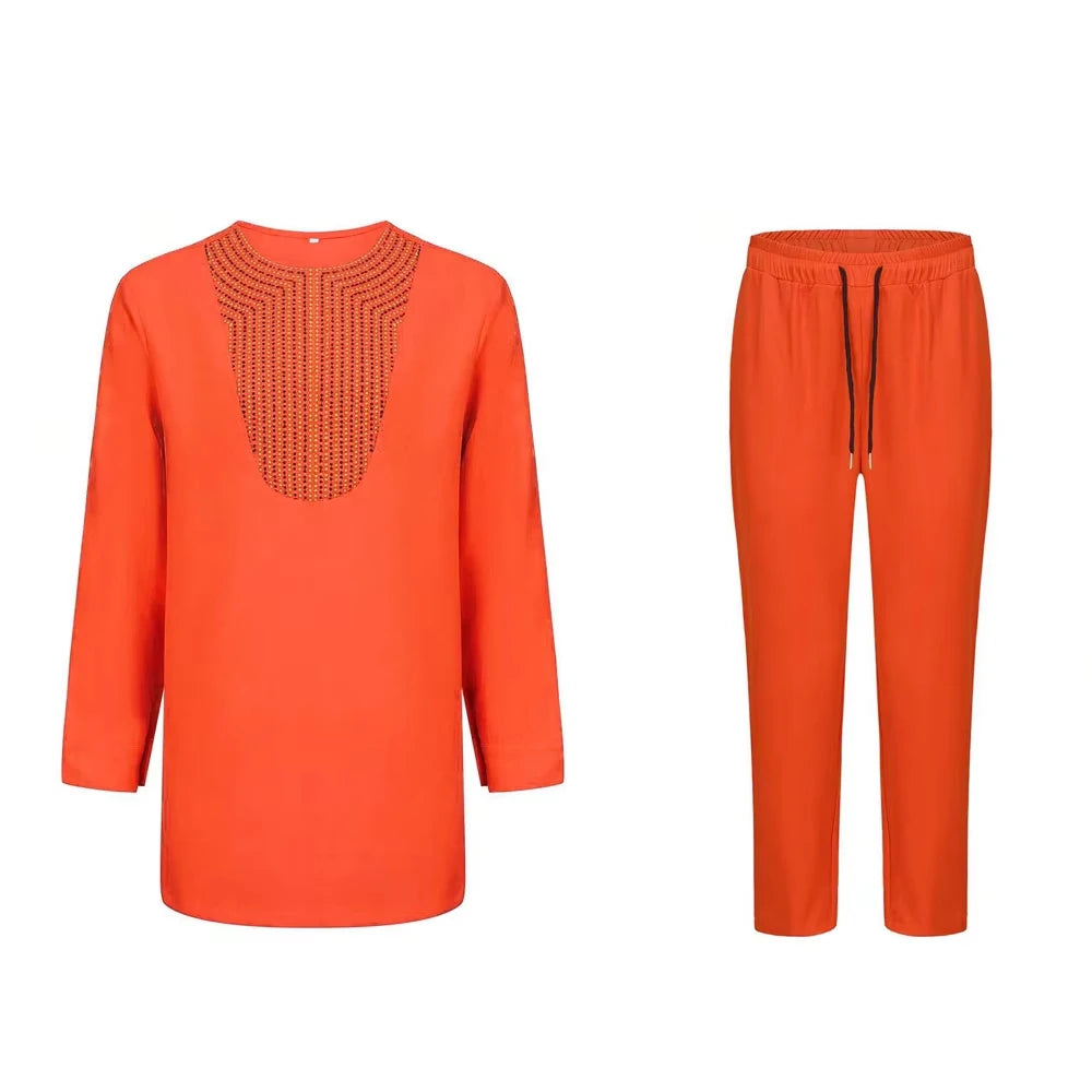 2026 Men's Elegant Long Sleeve Suit Shirt Pants 2-piece Round Neck Stitching Solid Color Party Long Sleeve African Ethnic Style