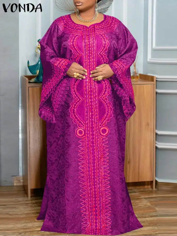 Plus Size VONDA Women Bohemian Long Maxi Dress Long Flare Sleeve Autumn Printed Vestidos Vintage Casual Loose Oversized Sundress