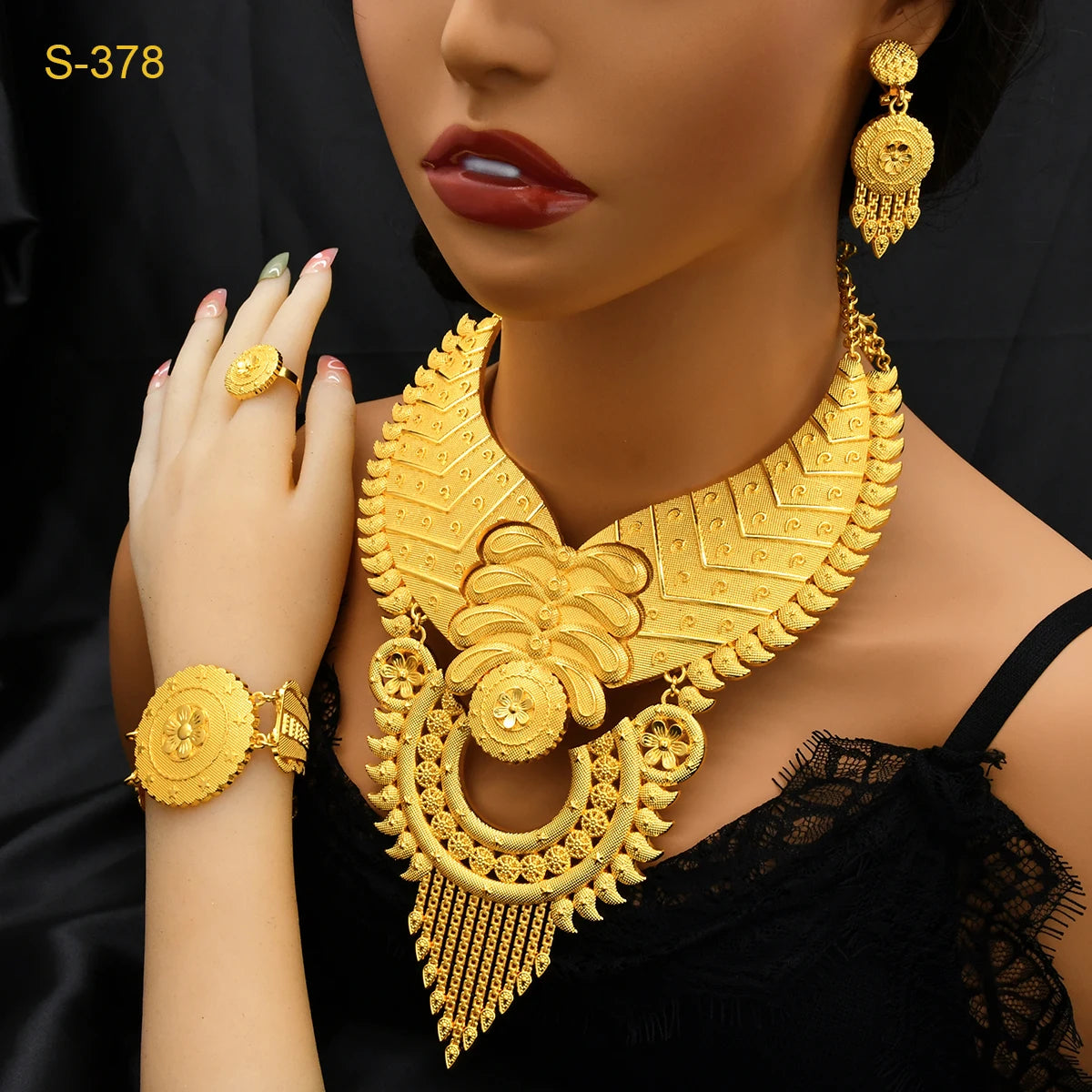 Indian Big 24k Gold Plated Jewelry Set For Women Party Dubai African Necklace Sets Bridal Wedding Gifts Arabic Jewelry Sets