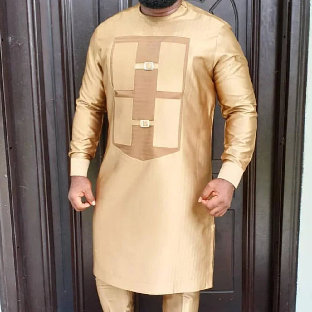 2026 Men's Elegant Long Sleeve Suit Shirt Pants 2-piece Round Neck Stitching Solid Color Party Long Sleeve African Ethnic Style