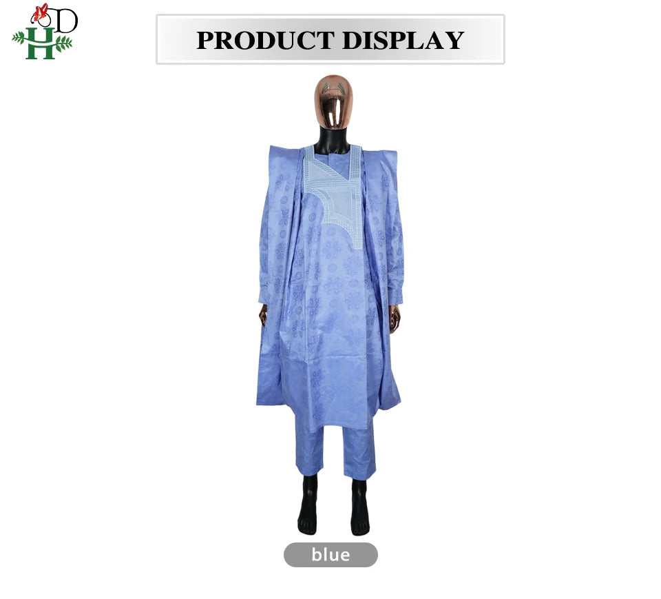 African Clothes Embroidery Blue Gown Plus Size For Men Elegant Party Wedding Thobe 3 PC Top and Pants Suits Set Daily Wear 2025